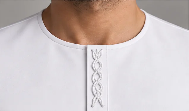 Close-up of the Abu Dhabi coat: a round neckline and a braided white cord applied by hand at the top of the placket.