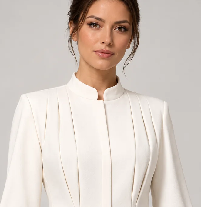 The shoulder pleats and stand collar of the Brisa jacket.