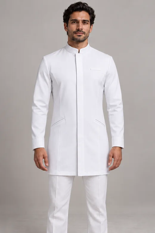 A man wearing the Riyadh coat: a low mandarin collar and a clean concealed front.